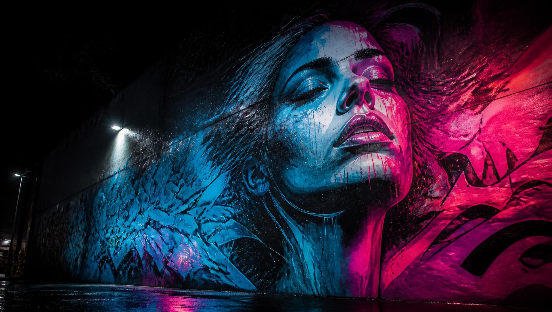 Large-scale aerosol mural in a concrete studio space