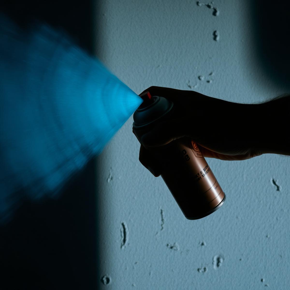 Close-up of aerosol spray hitting primed canvas